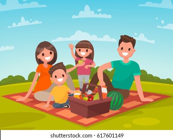 Happy family on a picnic. Dad, mom, son and daughter are resting in nature. Vector illustration in a flat style