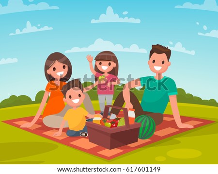 Happy family on a picnic. Dad, mom, son and daughter are resting in nature. Vector illustration in a flat style