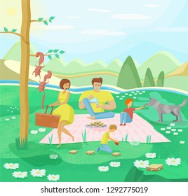 Happy family on a picnic. Father, Mother and two sons. Wild animals stealing food. Ants stole sandwiches. Squirrels are stealing sausages. Wolf which looks like a dog asks for something to eat.