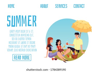 Happy family on a picnic with food in the park. Leisure, weekends or holidays in the summer season. Vector cartoon flat illustration for the web. Landing page template.