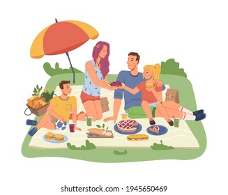 Happy family on picnic, mother, father, son and daughter together, sitting on blanket with food and drinks. Vector flat cartoon people, cake, sandwiches, soda with basket full of fruits and veggies