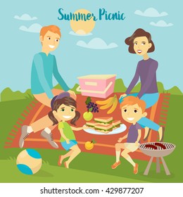 Happy Family on Picnic. Parents with Children. Vector illustration