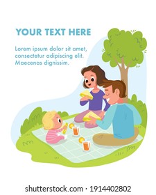 Happy family on picnic at sunny day. Vector portrait of family of 3 three members spending time relaxing on blanket parents mom dad and baby kid son daughter having meal sandwiches food weekend