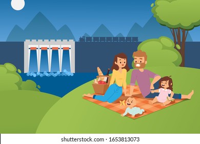 Happy family on picnic together at hydroelectric power station dam vector illustration. Parents and children cartoon character people. Family time outdoor, industrial landscape hydroelectric power dam