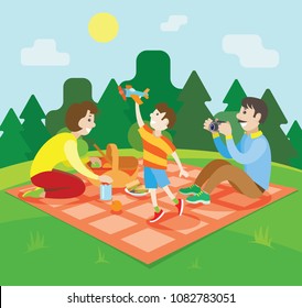 Happy family on a picnic. Vector illustration of a sunny summer day.