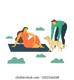 Happy family on a picnic. Young man, woman and dog are resting in nature. Vector illustration in a flat style.