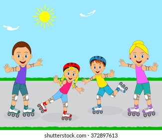 Happy family on roller skates,illustration,vector