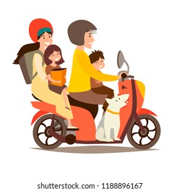 Happy family on scooter. Man and woman with children and dog on motorcycle vector illustration. People drive motorbike. Retro scooter cartoon flat design, isolated on white background