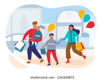 Happy family on shopping. Father, mother and children with bags and purchases. People characters in the mall, store or shop. Vector illustration