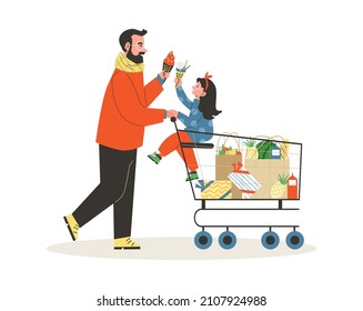 Happy family on shopping together. Father pushing shopping cart with child and purchases, cartoon flat vector illustration isolated on white background.