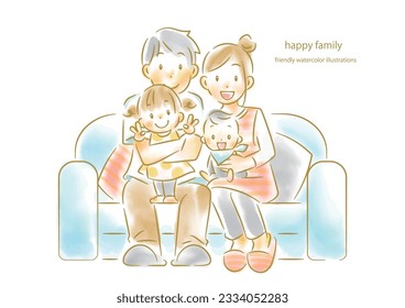 happy family on a sofa, watercolor illustrations