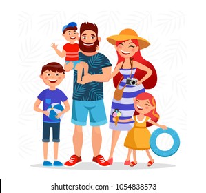 Happy Family On Summer Vacation Going To The Beach And Having Rest Close To The Sea. Parents And Children Cartoon Characters Vector Flat Illustration Isolated On Summer Background.