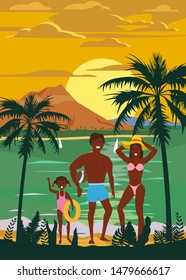 Happy Family on Summer Vacation Beach. Father Mother and Daughter enjoying Beach Vacation walking on Sand Sea Ocean. Parents and Children having Fun at Beach on Seashore Floral. Vector Illustration