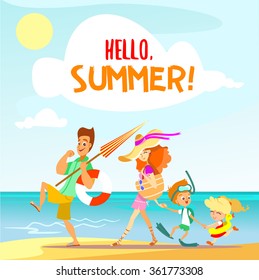 Happy Family On Summer Vacation. Hello Summer Design Concept. Vector Illustration