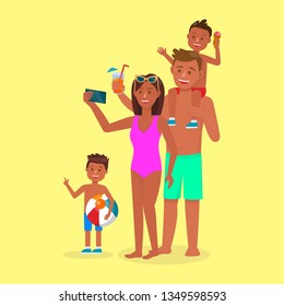 Happy Family on Summertime Vacation. Mom, Dad and Two Sons Going to Sea Beach Parents and Children Characters Making Selfie, Drink Juice Isolated on Yellow Background. Cartoon Flat Vector Illustration