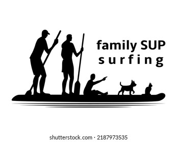 Happy family on SUP stand up paddle. Father, mother, child, dog and cat. The whole family is gathered on vacation. The silhouette of the family on the board.Emblem, badge, logo. Vector illustration.