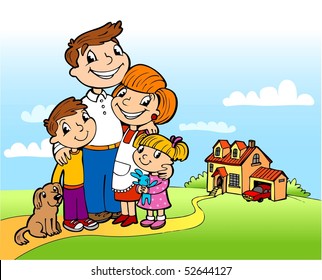 Happy family on a threshold of the fine house