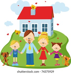 Happy family on a threshold of their house