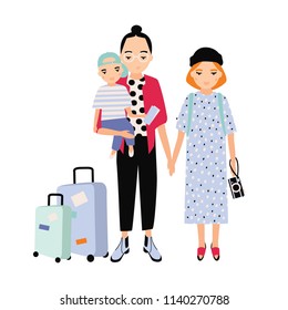 Happy family on trip. Mother, father and baby son traveling together. Parents and toddler child with touristic bags. Flat cartoon characters isolated on white background. Colorful vector illustration