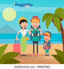 Happy Family on Tropical Vacation Travel by Airplane. Vector illustration