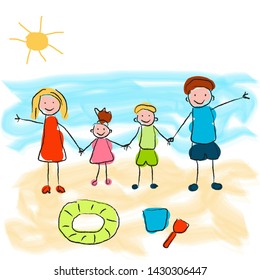 Happy family on vacation at beach. Drawing child of his family. Vector illustration