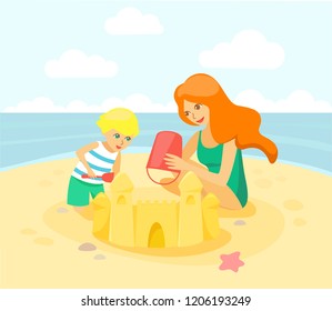 Happy family on vacation cartoon people character illustration. Young smiling woman building a sandcastle on the beach with her son.