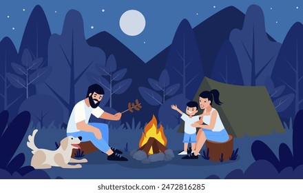 Familia feliz de vacaciones. Familia feliz descansando cerca de un fuego. Una familia feliz viaja por el bosque. Ilustración vectorial.