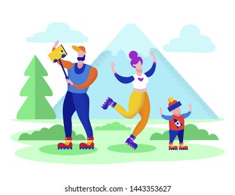 Happy Family on Vacation Spend Time in Highland Resort, Mother, Father and Little Son Skating Rollers and Make Selfie on Nature Beautiful Mountain Landscape Background Cartoon Flat Vector Illustration