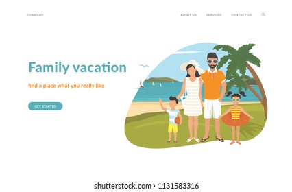 Happy family on vacations illustration flat design. Flat concept vector website template and landing page design of parents with kids in the tropical beach near blue sea and two palm trees behind them