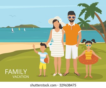 Happy family on vacations illustration flat design. Parents with kids are on the tropical beach near blue sea and two palm trees behind them