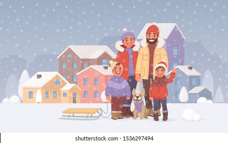 Happy family on a walk outdoors in winter against the backdrop of the cityscape. Leisure. Vector illustration