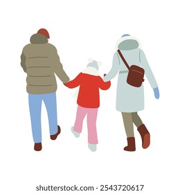 Happy family on a walk outside Christmas time winter season isolated on white vintage flat style. Vector illustration