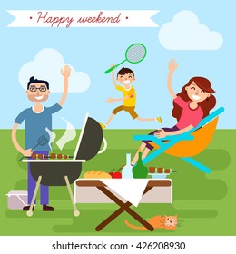 Happy Family on Weekend Barbecue Party Picnic. Vector illustration