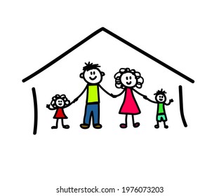 Happy family on a white background. Children's drawing. Vector.