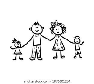 Happy family on a white background. Children's drawing. Vector illustration.