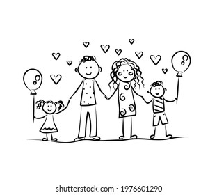 Happy family on a white background. Children's drawing. Vector illustration.