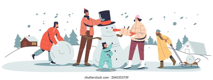 Happy family on winter holidays has fun outdoors making snowman together. Young parents with three kids playing with snow in wintertime. Cartoon flat vector illustration