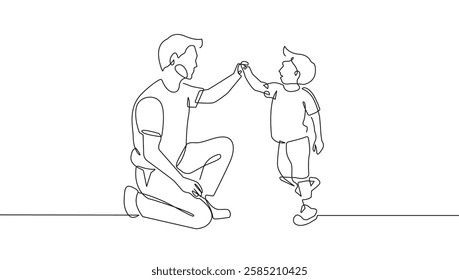 Happy Family One Line Vector Illustration. Continuous Single Line Drawing of Father with Son Playing Together. Happy Father`s Day Hand Drawn Concept in Trendy Outline Style. Not AI