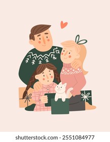 Happy family opens Christmas gifts. Vector cozy illustration of mother, father and daughter with Christmas or New Year gift boxes. Template for greeting card