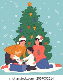 Happy Family opens presents. Preparing for Christmas and the New Year Banner, flyer, landing page. Trendsetting characters celebrate the holidays and the New Year at home.