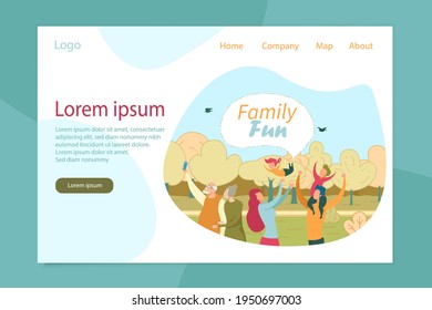Happy Family Outdoor Fun, Rest and Recreation Landing Page Design. Good Summer Vibes. Summertime Sweet Moment. Grandparent Taking Selfie with Adult Children Having Little Kid. Vector Illustration