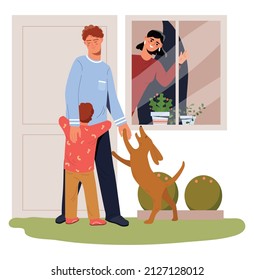 Happy family outdoor. Husband plays with children and dog, while wife waves her hand. Friendly and welcoming characters. Active lifestyle, weekend and relax. Cartoon flat vector illustration