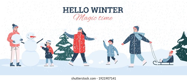 Happy family outdoor leisure, fun activities in cold snowy winter season - sledding, snowball fight and makes a snowman. Vector colorful illustration, banner with lettering.