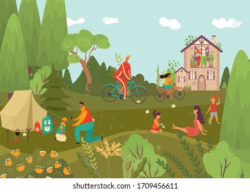 Happy family outdoor in park with kids, parents playing with children, bicycling and hiking in nature landscape in summer cartoon vector illustration. Family park activities recreation, summertime.