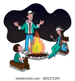 Happy Family outdoor recreation, gathered at the campfire while chatting, singing, telling a story, and playing games best for illustration book for children