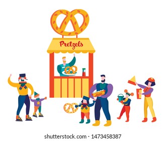 Happy Family Outdoors Vacation, Spare Time, Seller Prepare Fresh Bakery for Customers, Dad, Mom and Kids at Pretzel Stall Waiting Order, Outdoor Cafe, Vacation, Fun. Cartoon Flat Vector Illustration