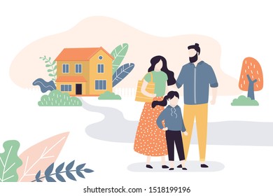 Happy family outdoors.House on background. Male and female characters in trendy style. Flat vector illustration