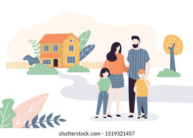 Happy family outdoors.House on background. Love couple with children. Family portrait. Male and female characters in trendy style. Flat vector illustration