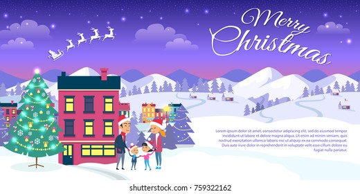 Happy family is outside near decorated Christmas tree. Merry Christmas on city and blue sky background. Vector illustration of emblem of flying white Santa in sleigh harnessed by four strong reindeers