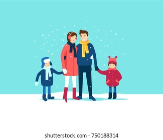 Happy Family Outside In Winter. Vector Illustration.